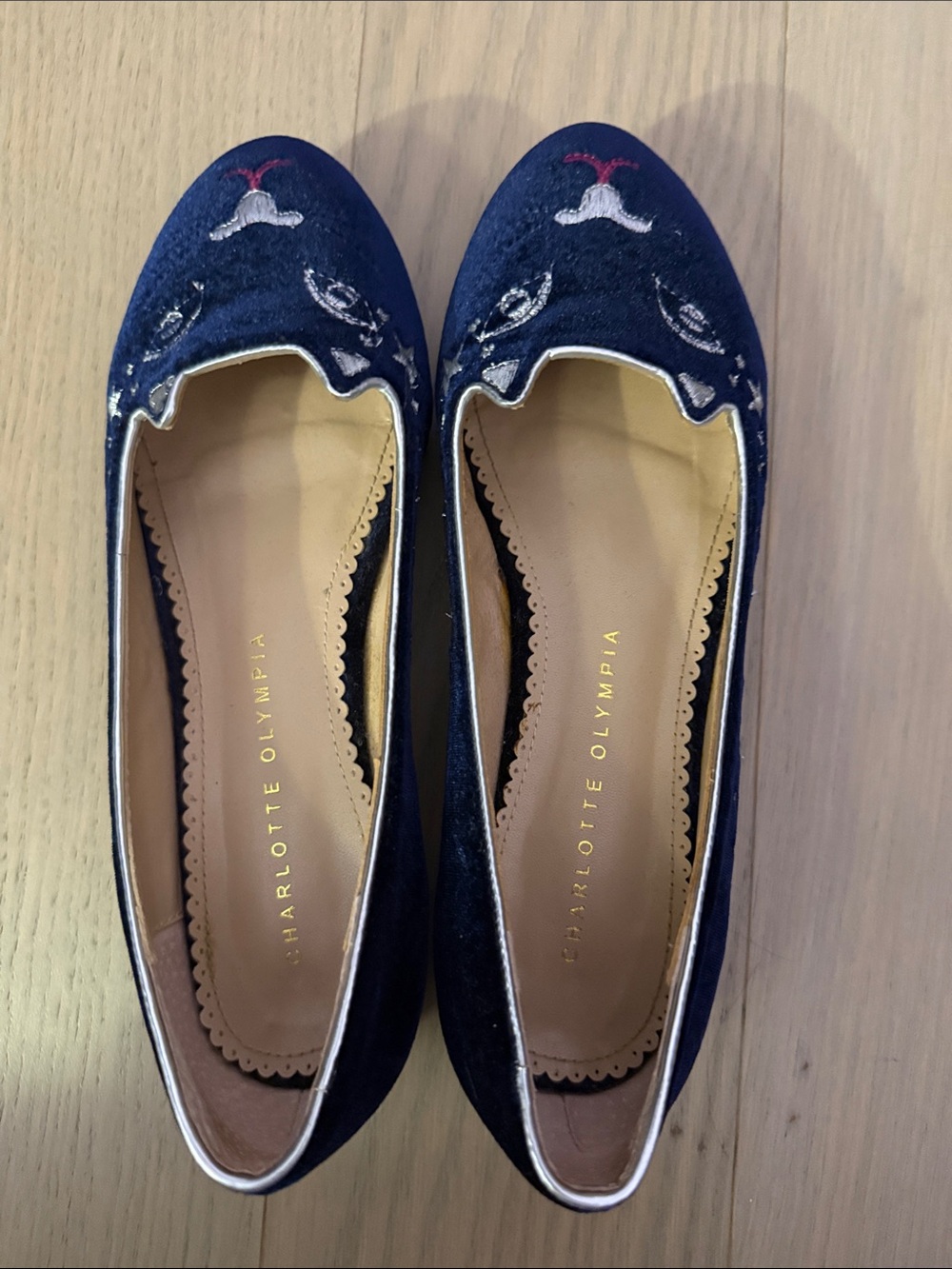 Charlotte Olympia Barbie Cat Navy Velvet Embroidered Slip-On Flats